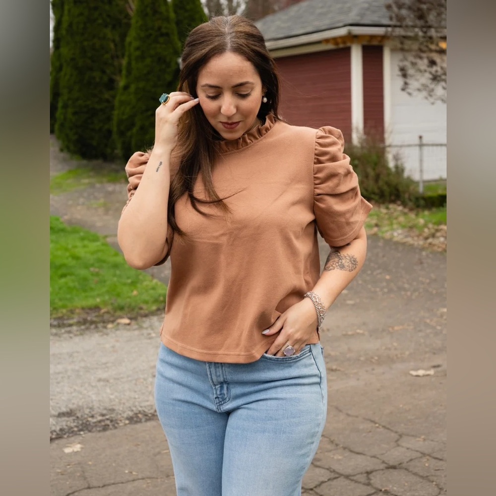 Elegant Brown Puff Sleeve Top - Picture 5 of 5